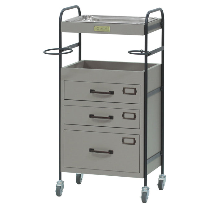 ベージュグレー色3段引き出しウッドワゴン　斜め