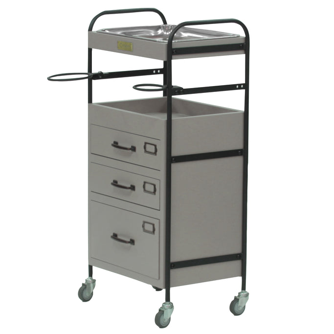 ベージュグレー色3段引き出しウッドワゴン　斜め