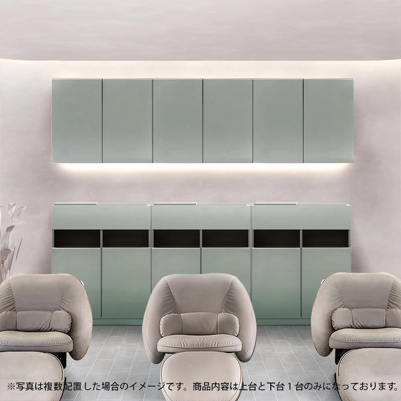 ベージュいろ韓国風サロンにあるおしゃれなアッシュグリーンシャンプーキャビネットセット