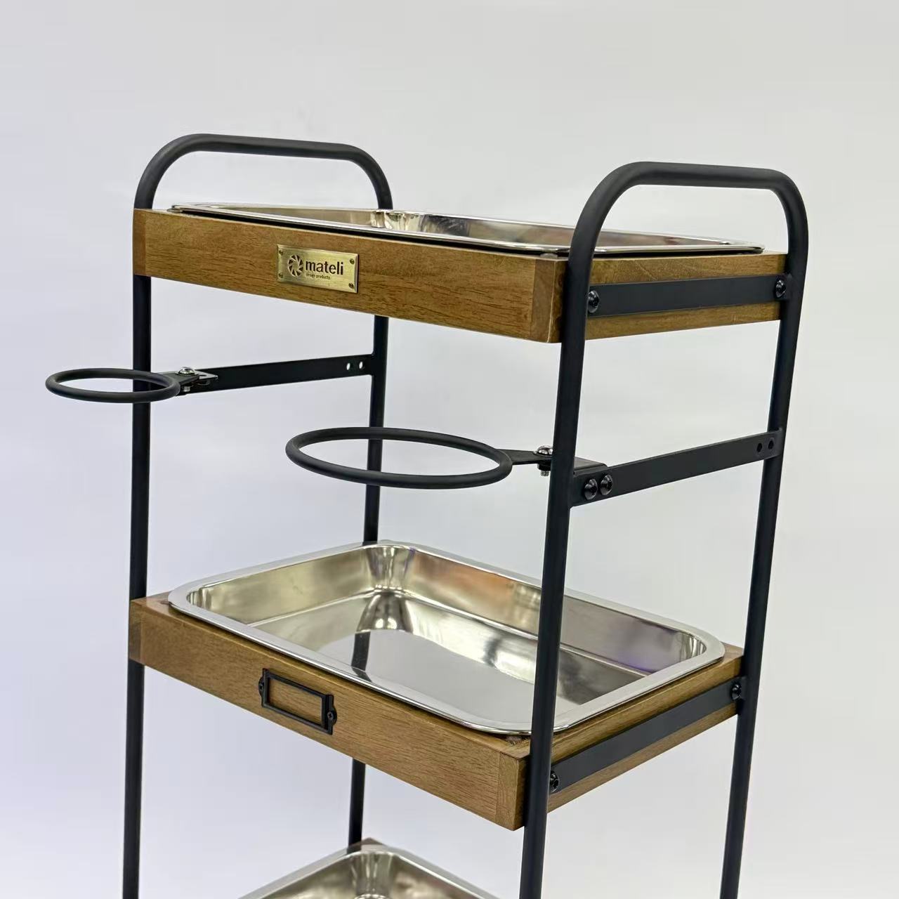 アウトレット 3段ウッドワゴン ステンレストレイ3枚 キャスター付き(BR)【完成品出荷】OL2143 通常価格￥19,580