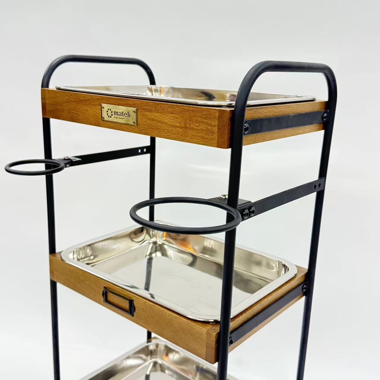 アウトレット 3段ウッドワゴン ステンレストレイ3枚 キャスター付き(BR)【完成品出荷】OL2141 通常価格￥19,580