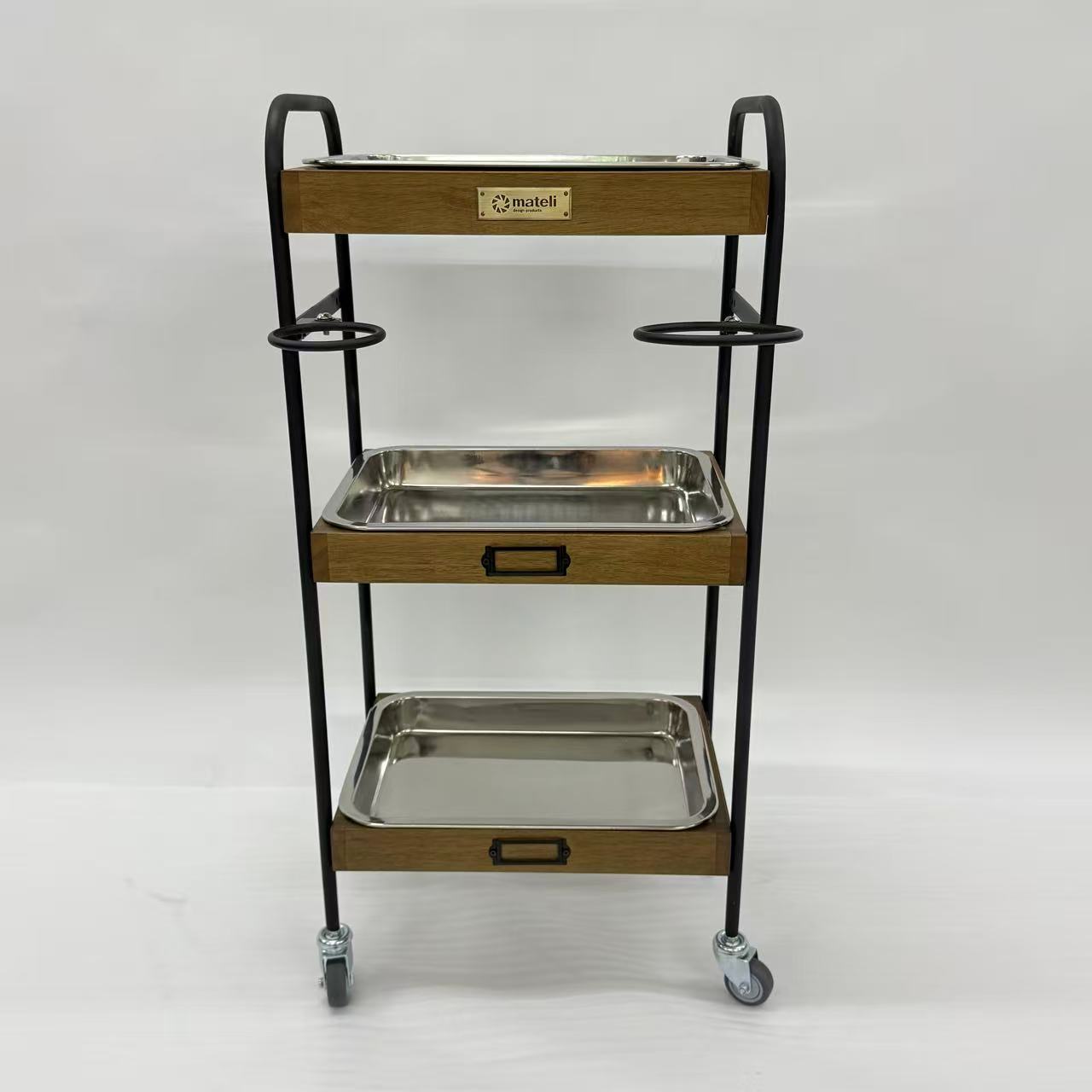 アウトレット 3段ウッドワゴン ステンレストレイ3枚 キャスター付き(BR)【完成品出荷】OL2140 通常価格￥19,580