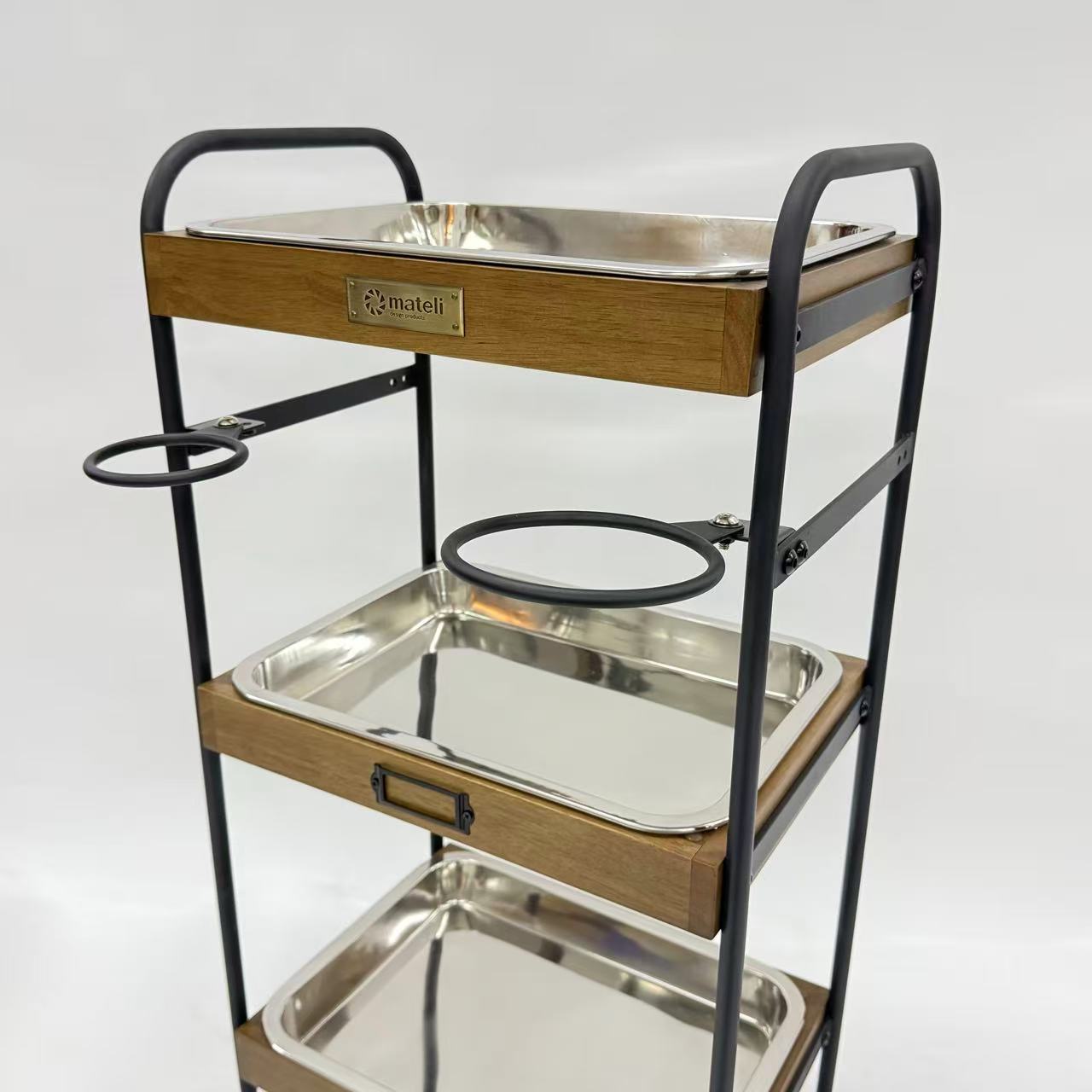 アウトレット 3段ウッドワゴン ステンレストレイ3枚 キャスター付き(BR)【完成品出荷】OL2140 通常価格￥19,580