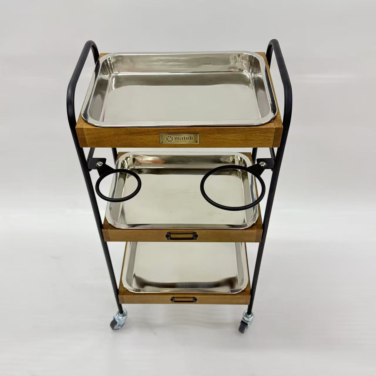 アウトレット 3段ウッドワゴン ステンレストレイ3枚 キャスター付き(BR)【完成品出荷】OL2141 通常価格￥19,580