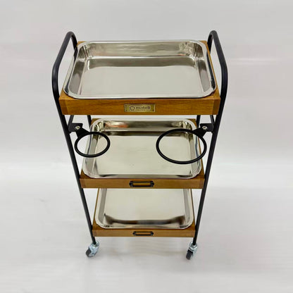 アウトレット 3段ウッドワゴン ステンレストレイ3枚 キャスター付き(BR)【完成品出荷】OL2141 通常価格￥19,580