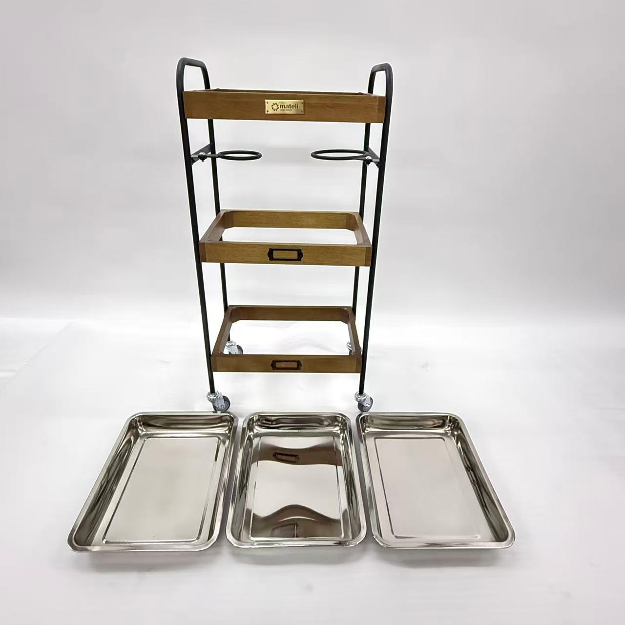 アウトレット 3段ウッドワゴン ステンレストレイ3枚 キャスター付き(BR)【完成品出荷】OL2142 通常価格￥19,580