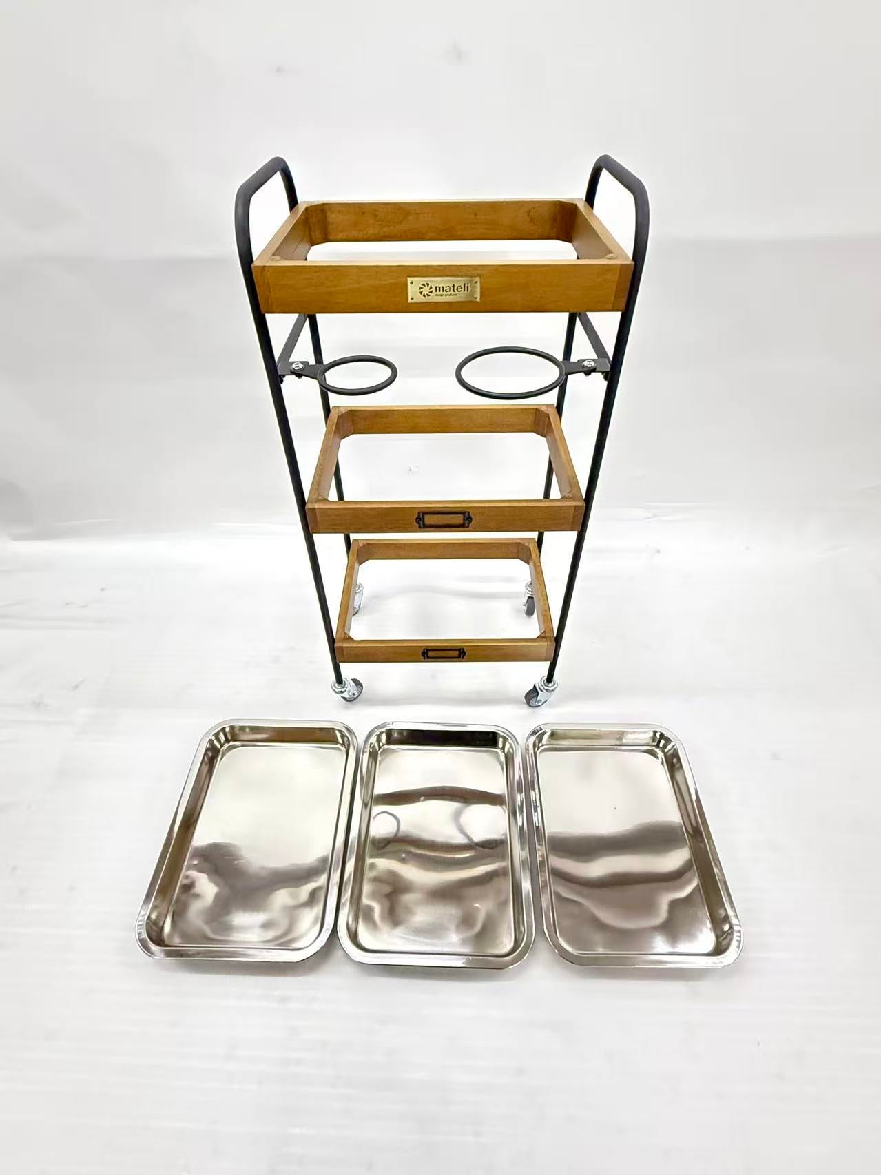 アウトレット 3段ウッドワゴン ステンレストレイ3枚 キャスター付き(BR)【完成品出荷】OL2138 通常価格￥19,580