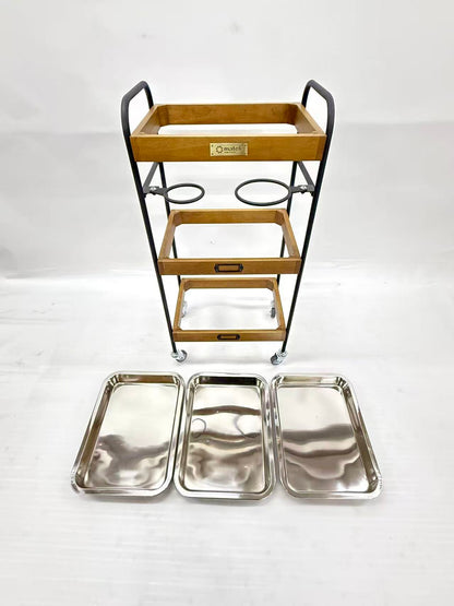 アウトレット 3段ウッドワゴン ステンレストレイ3枚 キャスター付き(BR)【完成品出荷】OL2138 通常価格￥19,580