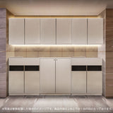 おしゃれな美容室にあるベージュグレーの収納キャビネット【シャンプースペース用収納キャビネット】