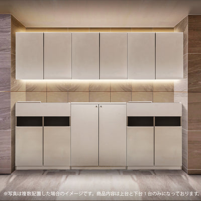 おしゃれな美容室にあるベージュグレーの収納キャビネット【シャンプースペース用収納キャビネット】