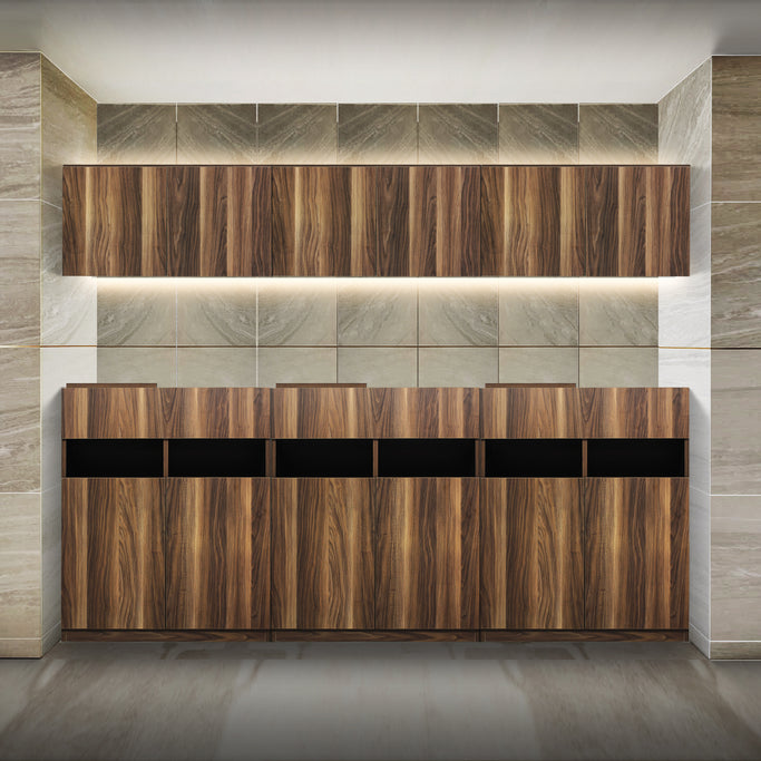 ダークブラウンウッド色の450mmフラットシャンプーキャビネット【上下SET】