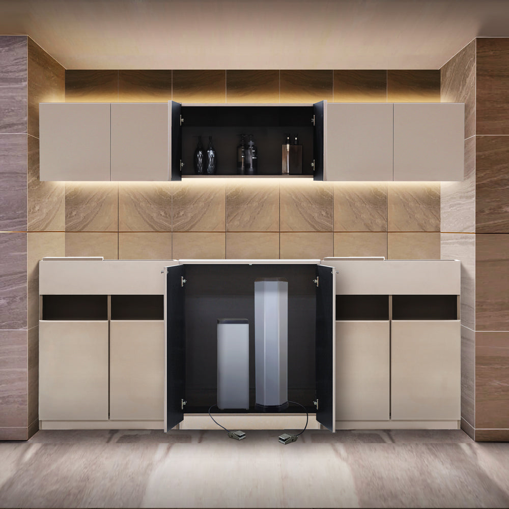 おしゃれな美容室にあるベージュグレーの収納キャビネット【シャンプースペース用収納キャビネット H450mm】