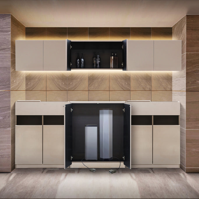 おしゃれな美容室にあるベージュグレーの収納キャビネット【シャンプースペース用収納キャビネット H450mm】