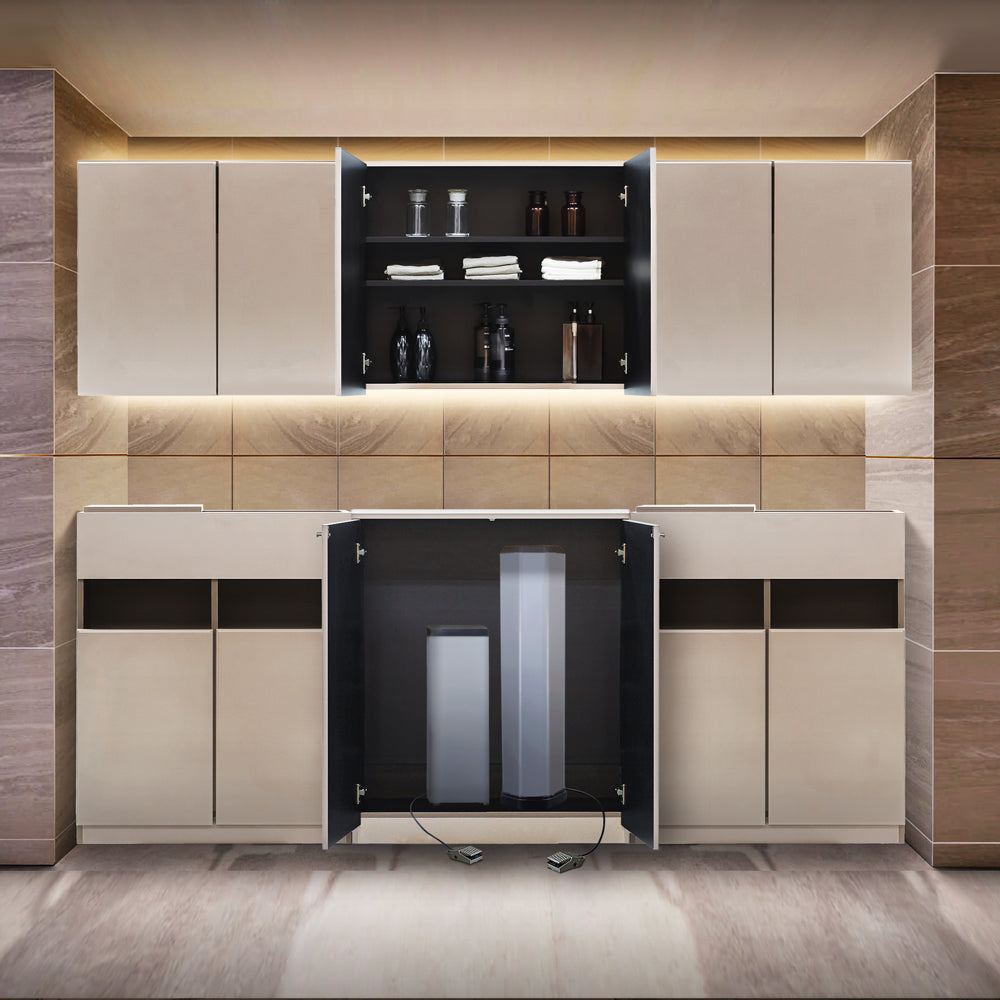 おしゃれな美容室にあるベージュグレーの収納キャビネット【シャンプースペース用収納キャビネット】