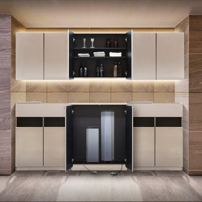 おしゃれな美容室にあるベージュグレーの収納キャビネット【シャンプースペース用収納キャビネット】