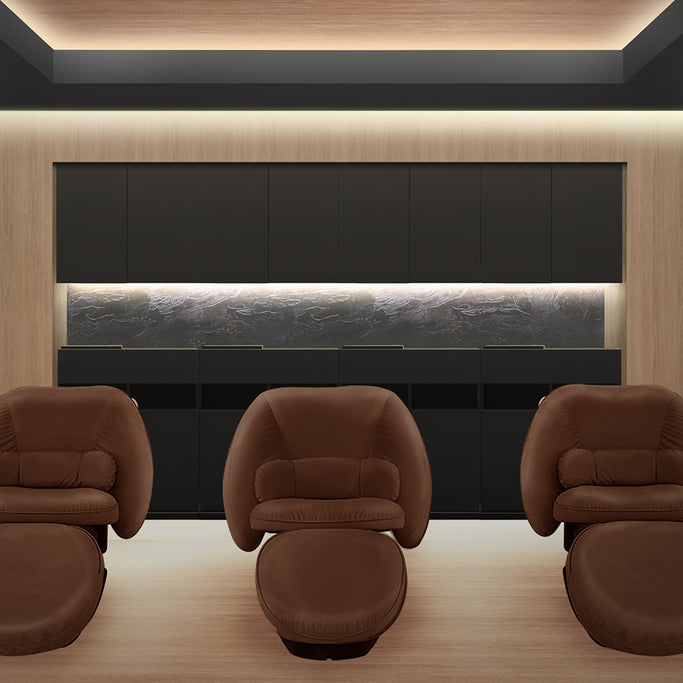 おしゃれな美容室にブラックカラーのシャンプーキャビネットセットがある