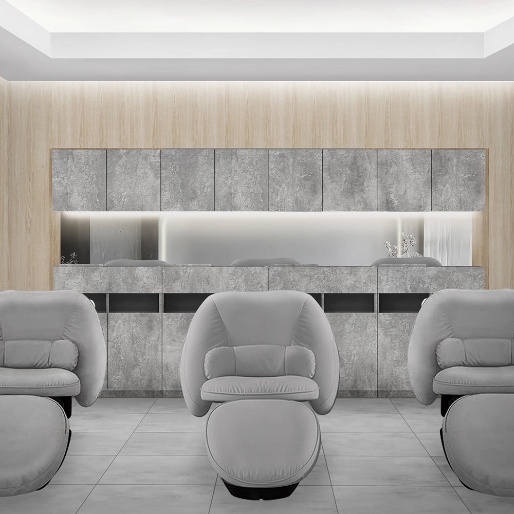 おしゃれな美容室のシャンプースペースにあるモルタルカラーのシャンプーキャビネット【高さ450ｍｍバージョン】