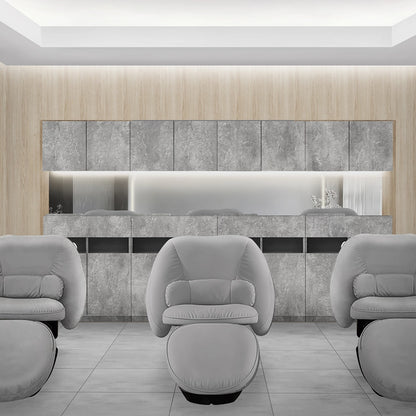 おしゃれな美容室のシャンプースペースにあるモルタルカラーのシャンプーキャビネット【高さ450ｍｍバージョン】