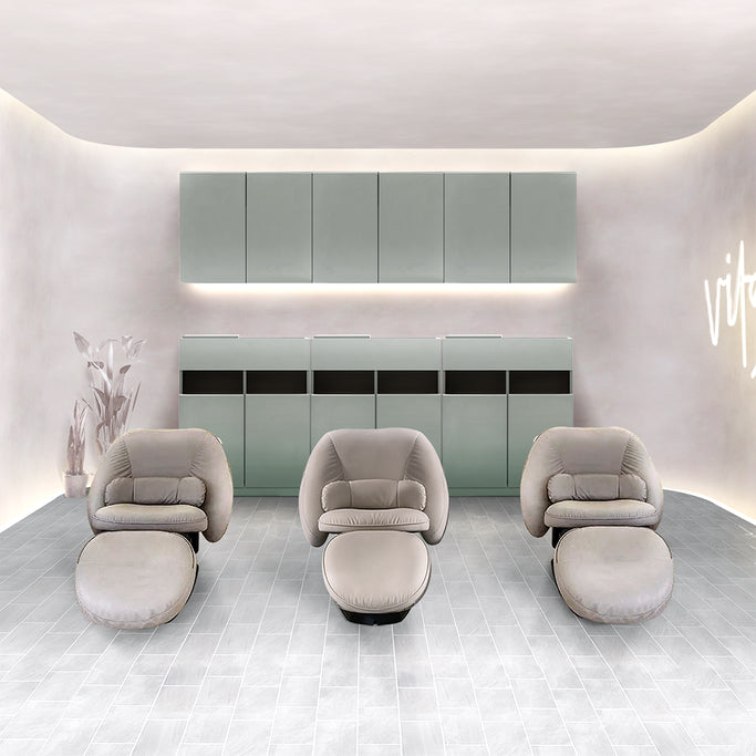 ベージュいろ韓国風サロンにあるおしゃれなアッシュグリーンシャンプーキャビネットセット