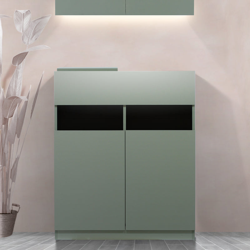 韓国風サロンにあるアッシュグリーン色シャンプーキャビネットの下台