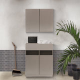 サロンにあるベージュグレー色フラットシャンプーキャビネット【上下SET】