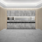 おしゃれな美容室のシャンプースペースにあるモルタルカラーのシャンプーキャビネット