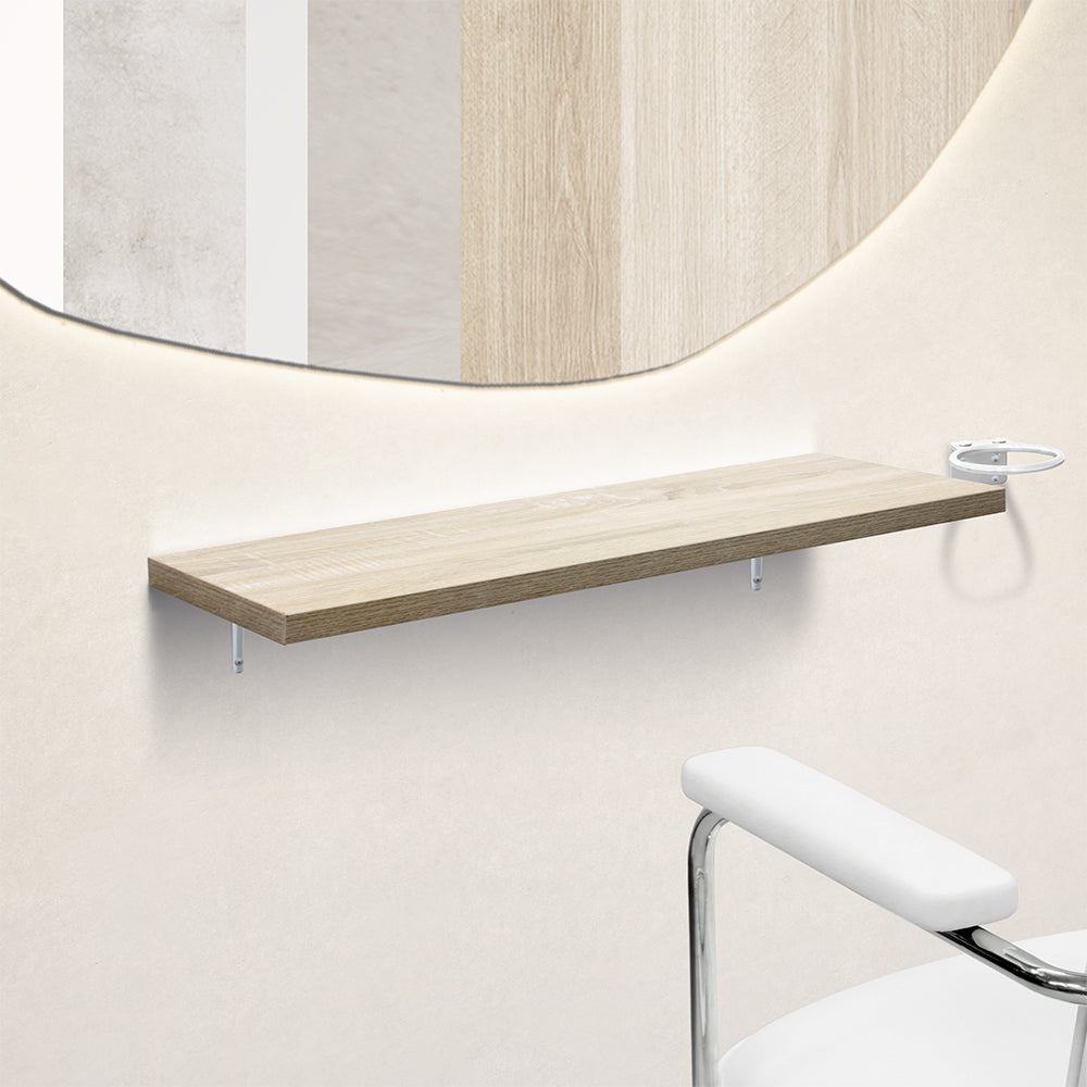 おしゃれな美容室 セット面になるナチュラルウッドカラーウォールシェルフ