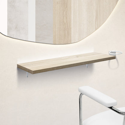 おしゃれな美容室 セット面になるナチュラルウッドカラーウォールシェルフ