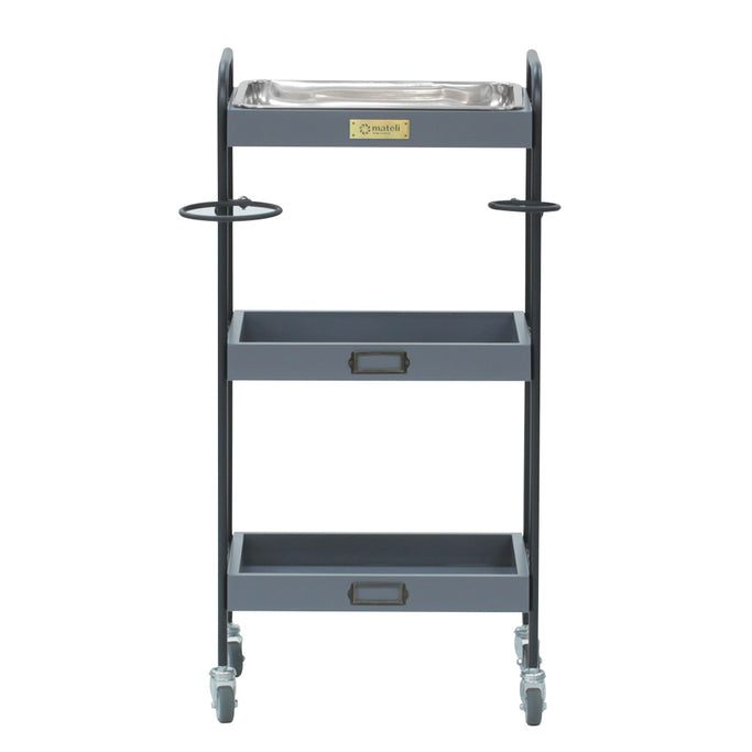 グレー色3段ウッドワゴン（ステンレストレイ1枚付き）正面