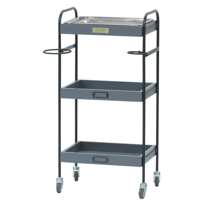 グレー色3段ウッドワゴン（ステンレストレイ1枚付き）斜め