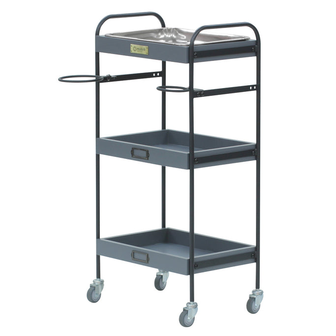 グレー色3段ウッドワゴン（ステンレストレイ1枚付き）斜め