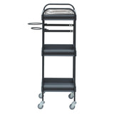 グレー色3段ウッドワゴン（ステンレストレイ1枚付き）横面