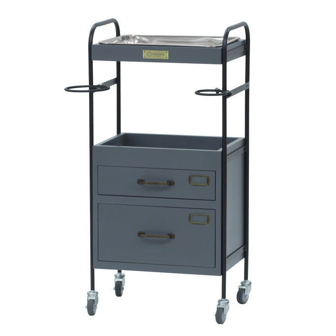 グレー色2段引き出しウッドワゴン　斜め