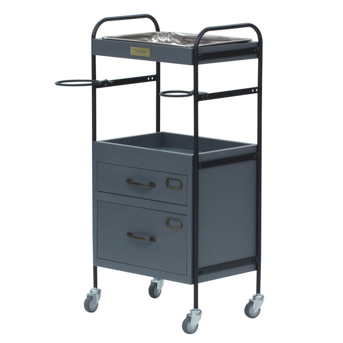 グレー色2段引き出しウッドワゴン　斜め