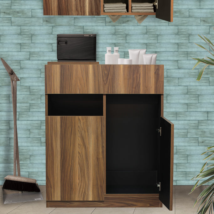 サロンにあるダークブラウンウッド色のフラットシャンプーキャビネット【下台】