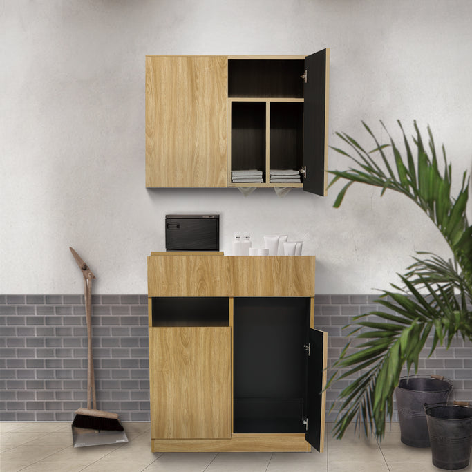 サロンにあるナチュラルウッド色フラットシャンプーキャビネット【SET】