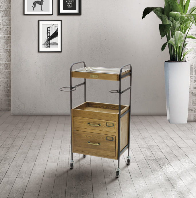 サロンにある2段引き出しウッドワゴン