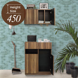 サロンにあるダークブラウンウッド色の450mmフラットシャンプーキャビネット【上下SET】