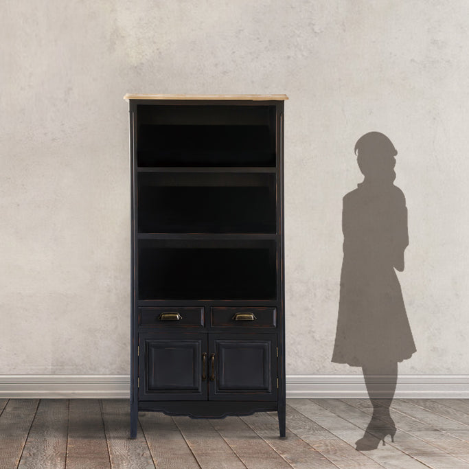 サイズ図面：店販用キャビネットと女性のシルエット