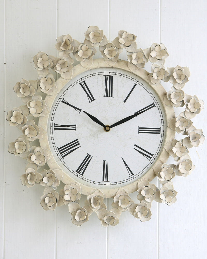 アンティークホワイト色花のウォールクロック