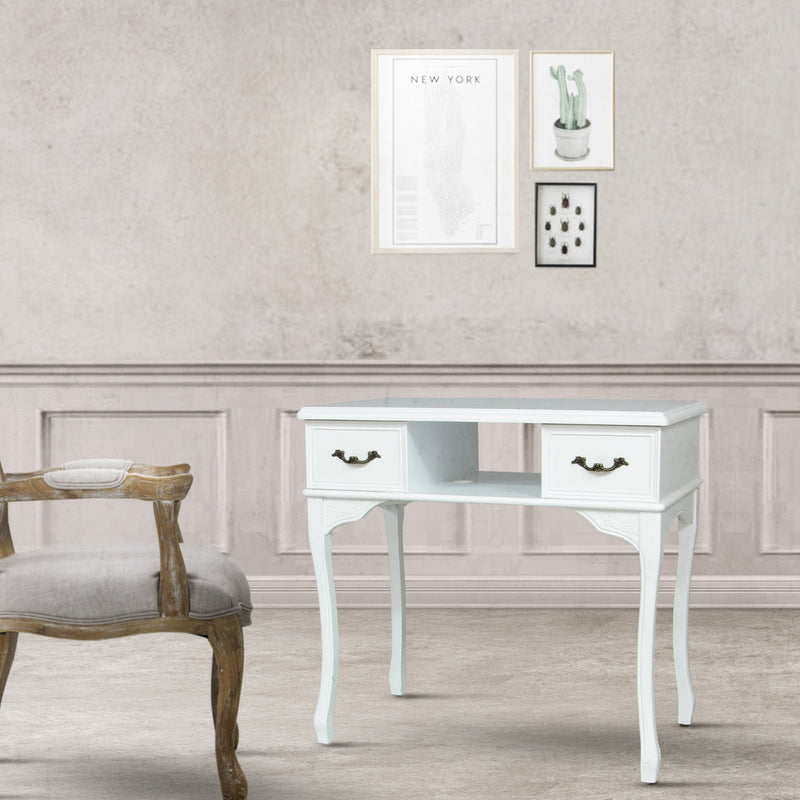 サロンにあるホワイト色ネコ脚ネイルテーブル（ガラス板付き）