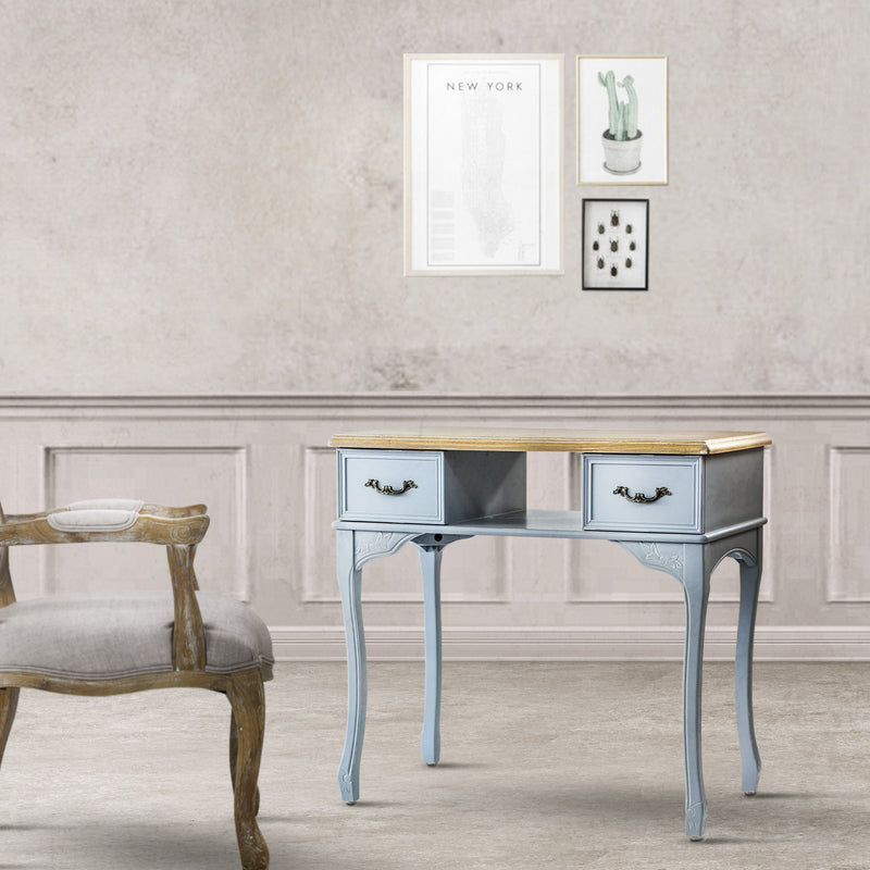 サロンにあるブルーグレー色ネコ脚ネイルテーブル（ガラス板付き）