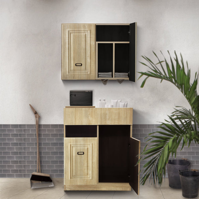 サロンにあるシャビーウッド色モールディングありシャンプーキャビネット【SET】