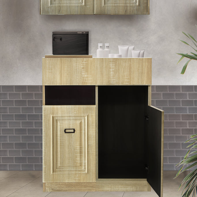 サロンにあるシャビーウッド色モールディングありシャンプーキャビネット【下台】