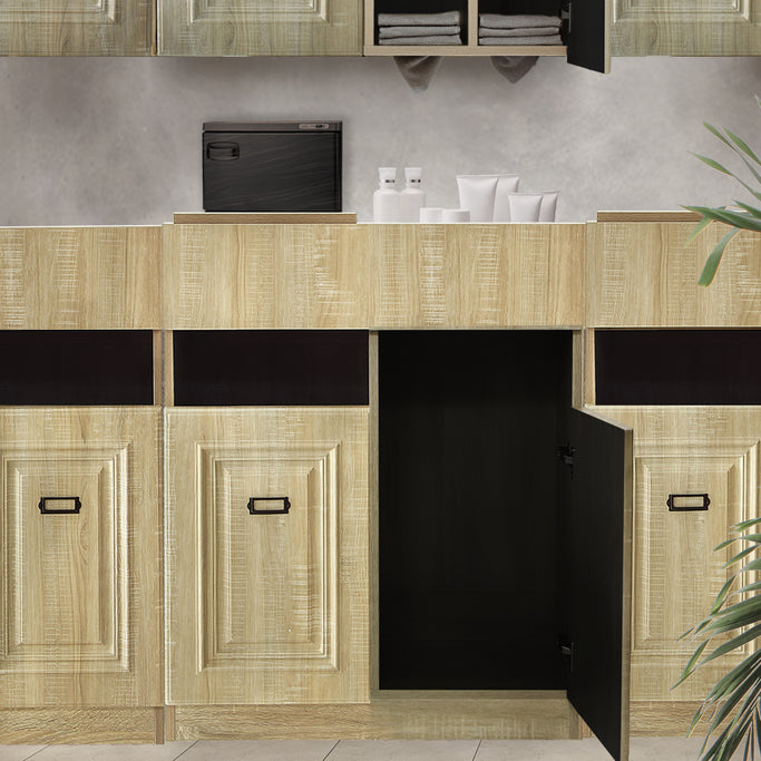 サロンに並んでいるシャビーウッド色モールディングありシャンプーキャビネット【下台】