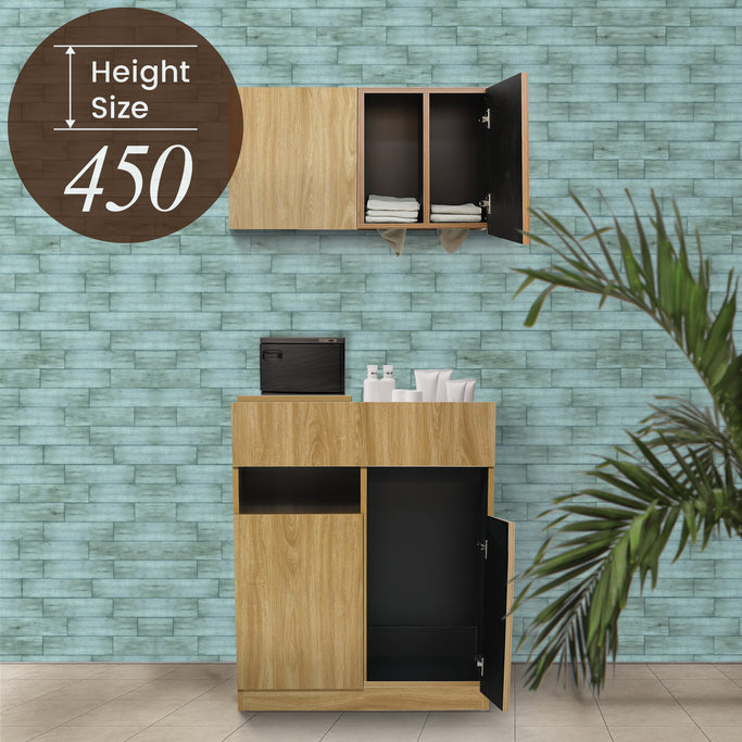 サロンにあるナチュラルウッド色450mmフラットシャンプーキャビネット【上下SET】