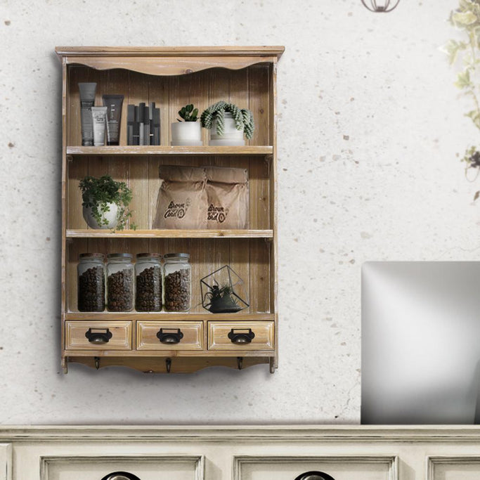 サロンにあるシャビーウッド色壁掛け商品棚【ウォールラック】